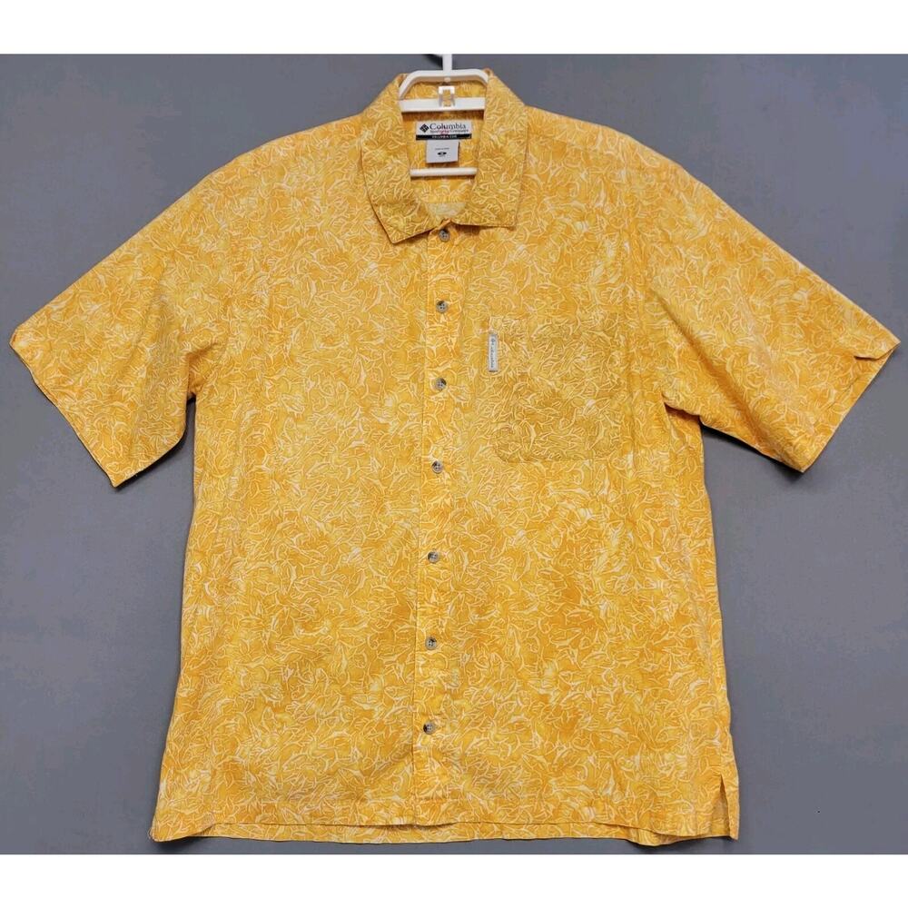 Columbia Sharks Button Front Shirt Mens Medium Yellow White Pocket Short Sleeves
